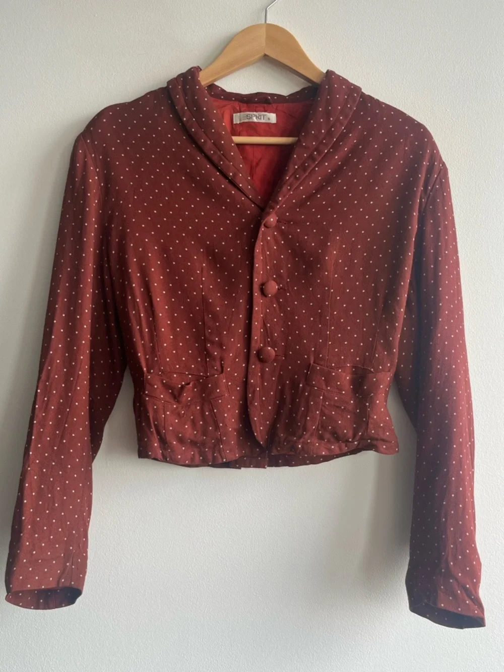 Vintage Esprit Polka Dot Burgundy Cropped Blazer Women Size S Spring Trend ❤️ - Picture 5 of 15